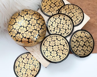 Vintage Hand Painted Paper Mache Trinket Box with Coasters | Black Gold Floral Lacquer