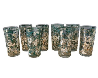 EXTREMELY RARE Culver Teal White & Gold Flower Collins Highball Tumbler Glasses