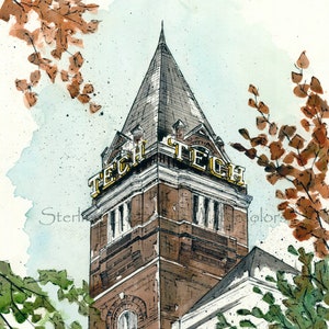 May include: A watercolor painting of a tall brick building with a pointed roof. The building has the words "Tech Tech" written in gold letters on the side. The building is surrounded by trees with green and brown leaves.