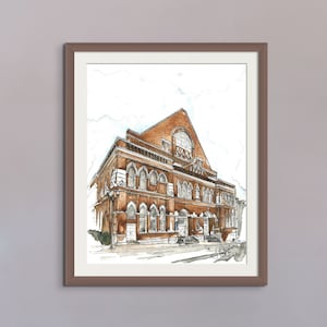 Puede incluir: Una pintura de acuarela de un edificio de ladrillo con ventanas arqueadas y una gran c&uacute;pula. El edificio est&aacute; pintado en tonos de marr&oacute;n, rojo y blanco. La pintura est&aacute; enmarcada en un marco marr&oacute;n.