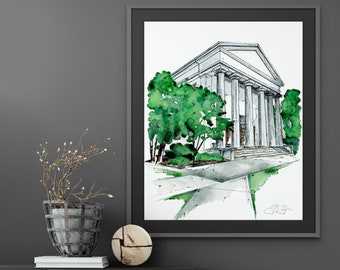 Puede incluir: Una pintura de acuarela enmarcada en negro de un edificio blanco con columnas y árboles verdes en frente. El edificio tiene un techo blanco y una puerta blanca. Los árboles son verdes y tienen un efecto de acuarela. La pintura está sobre un fondo blanco.