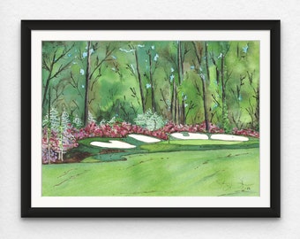 Amen Corner Hole #13 Approach- Augusta National Golf Club - Augusta, Georgia - Giclee Watercolor Print