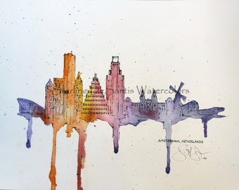 Original Custom Skyline Commissioned Watercolor Art Piece - Custom City, Style, & Color Options