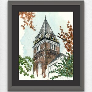 May include: A watercolor painting of a brick building with a tall tower. The tower has the words "Tech" on each side. The building is surrounded by trees with green and brown leaves.