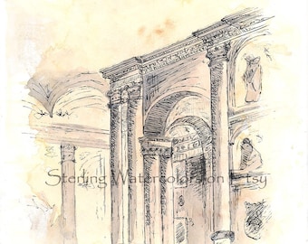 Puede incluir: Un dibujo a tinta negra y blanca de una estructura arquitectónica con columnas y arcos. El dibujo está sobre un fondo marrón claro con lavados de acuarela.