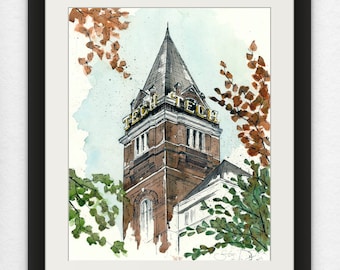 Giclee-aquarelprint van de Tech Tower van Georgia Tech - Georgia Institute of Technology Atlanta Campus - geweldig afstudeercadeau