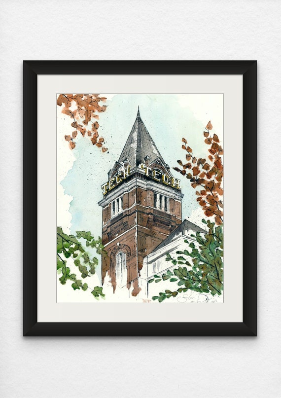 Giclee Watercolor Print of Georgia Tech's Tech Tower - Georgia Institute of Technology Atlanta Campus - Great Graduation Gift