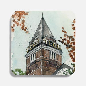 May include: A watercolor illustration of a brick building with a tall, pointed roof. The building has the words "Tech" written on it in gold letters. The building is surrounded by trees with brown leaves.