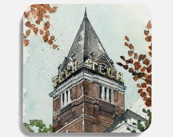 May include: A watercolor illustration of a brick building with a tall, pointed roof. The building has the words "Tech" written on it in gold letters. The building is surrounded by trees with brown leaves.