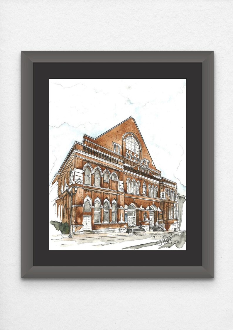 Puede incluir: Una pintura de acuarela de un edificio de ladrillo con ventanas arqueadas y una entrada grande y ornamentada. El edificio est&aacute; sobre un fondo blanco con un cielo azul claro.