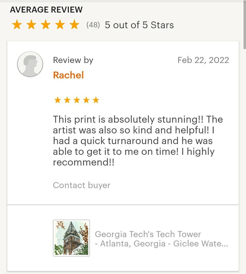 May include: A five-star review for a print of Georgia Tech's Tech Tower in Atlanta, Georgia. The review states "This print is absolutely stunning!! The artist was also so kind and helpful! I had a quick turnaround and he was able to get it to me on time! I highly recommend!!"