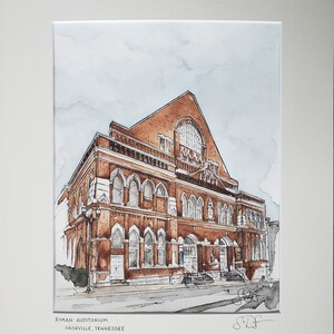 Puede incluir: Acuarela del Ryman Auditorium en Nashville, Tennessee. El edificio es una estructura de ladrillo con ventanas arqueadas y una gran ventana central. La pintura est&aacute; firmada por el artista.