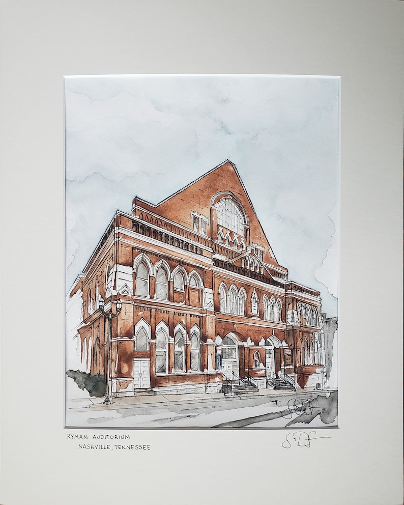 Puede incluir: Acuarela del Ryman Auditorium en Nashville, Tennessee. El edificio es una estructura de ladrillo con ventanas arqueadas y una gran ventana central. La pintura est&aacute; firmada por el artista.