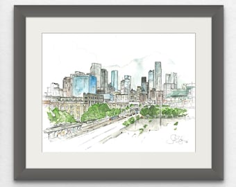 Vistas de Houston - Horizonte de Houston, Texas Impresión artística giclée en acuarela