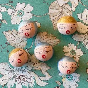Set of 5, Vintage Style Spun Cotton Doll Heads, Silver, Gold, Kettell Designs