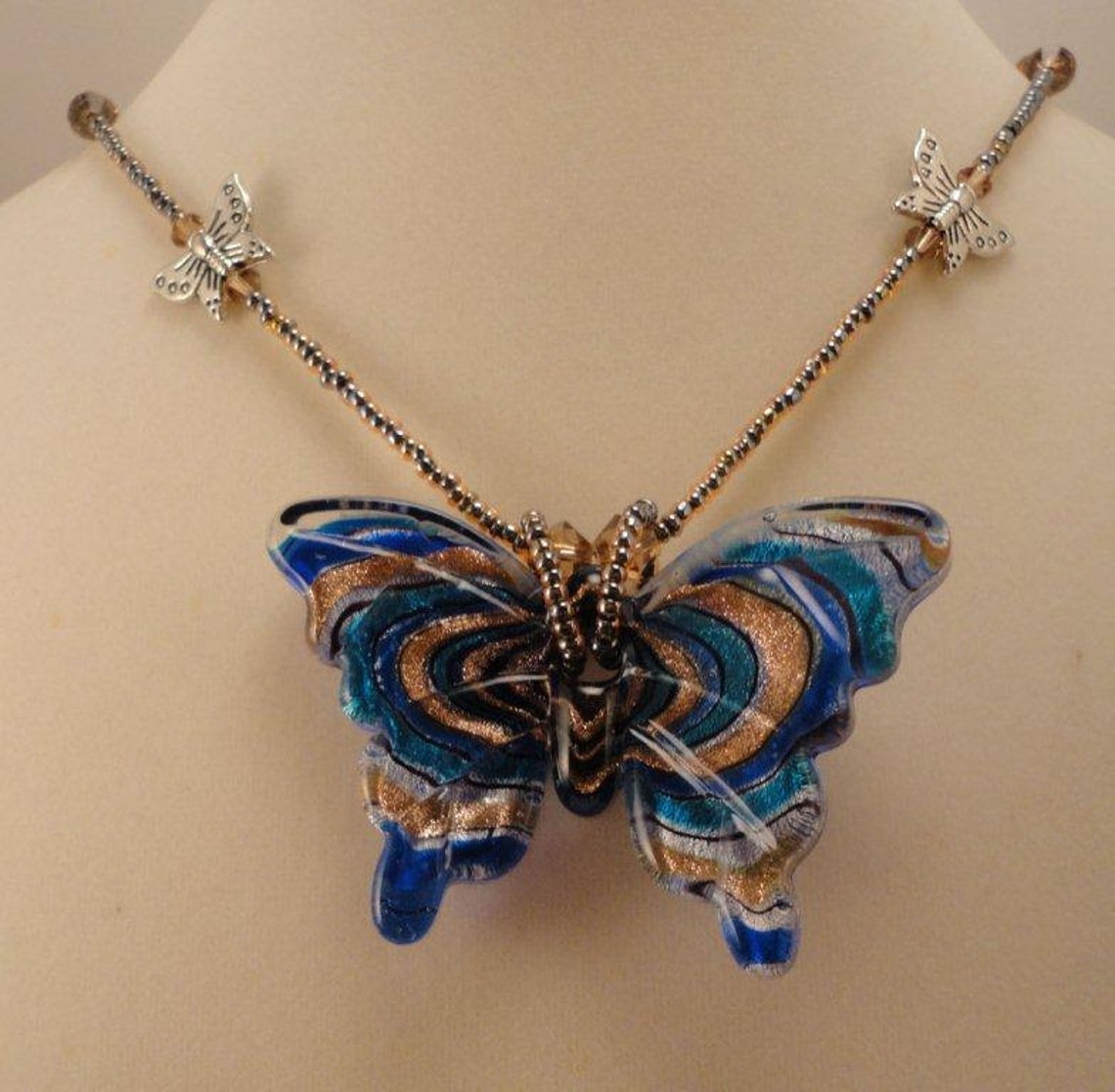 Beaded Necklace With Butterfly Pendant Etsy