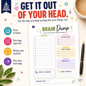 Brain Dump Printable, Sticky Note Planner Page, Everything On My Mind Sheet, Action Items List, Digital Download