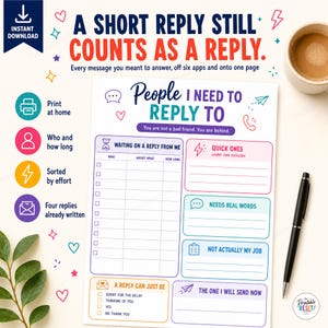 Può includere: Un foglio di monitoraggio delle attività stampabile intitolato People I Need To Reply To, con sezioni per tracciare messaggi, risposte rapide e attività in sospeso. Il layout include caselle di controllo, intestazioni colorate e icone organizzative.