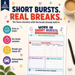 Puede incluir: Una hoja de planificación de productividad titulada Work in Short Bursts con secciones para sesiones de enfoque, tareas y recompensas. La página presenta iconos coloridos, líneas para escribir y el texto Short Bursts. Real Breaks.