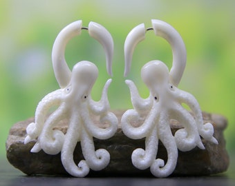 Octopus Hand-carved Fake Gauge Bone Earrings