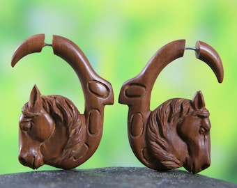 Fake Gauge Earrings Gift for Equestrian Horse Wood Carving