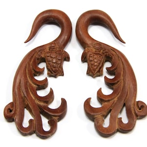 2G Earrings Hand Carved Wood Gauge 6mm Turtle Carving Organic Body Jewelry 2GA