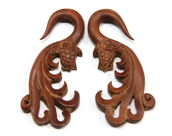2G Earrings Hand Carved Wood Gauge 6mm Turtle Carving Organic Body Jewelry 2GA