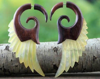 Fake Gauge Mother of Pearl and Sono Wood Earrings