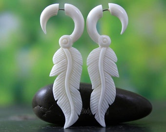 Faux Gauge Earrings Bone Carving Natural Organic Feather Jewelry