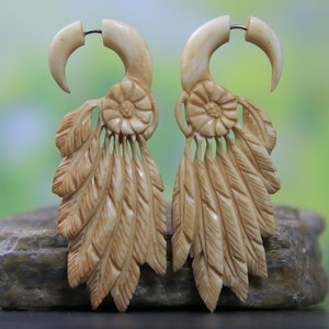 Native America Feathers Faux Gauge Bone Earrings Beautifully Carved