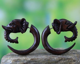 Elephant Earrings Faux Gauge Wood Earrings