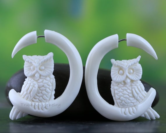 Beautifully Detailed Hand Carved Bone Owl Gauged Earrings Beautifully Detailed Hand Carved Bone Owl Gauged Earrings