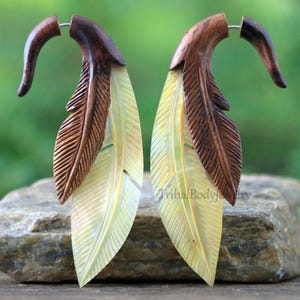 Feather Fake Gauge Earrings: Mother of Pearl & Sono Wood