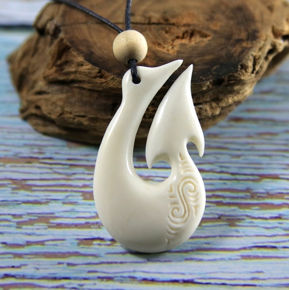 Hand Carved Bone Fish Hook Pendant Gift for Him