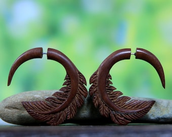 Fake Gauge Earrings Hand Carved Wood Leaf