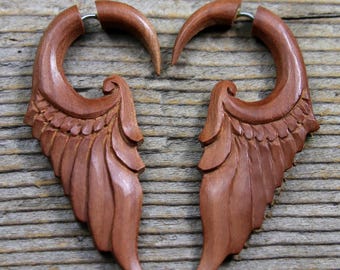 Fake Gauge Angel Wing Earrings | Hand Carved Organic Wood | Boho Style