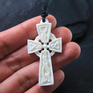 Celtic Cross Necklace, Hand Carved Buffalo Bone Pendant, Adjustable Cord Religious Men Jewelry Gift for Him