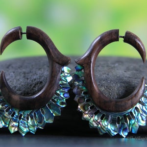 Fake Gauge Hand Carved Abalone Shell Exotic Wood Earrings