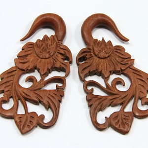 Organic Earrings 2G Gauge Hand Carved Wood 6mm Flower Design