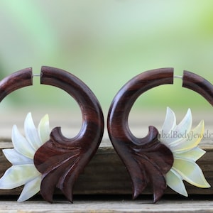 Fake Gauge Mother of Pearl and Sono Wood Lotus Flower Hand Carved Earrings