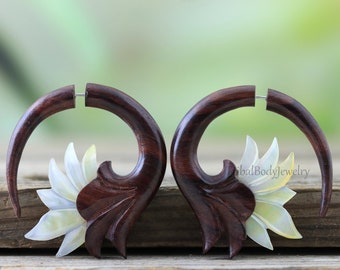 Fake Gauge Mother of Pearl and Sono Wood Lotus Flower Hand Carved Earrings