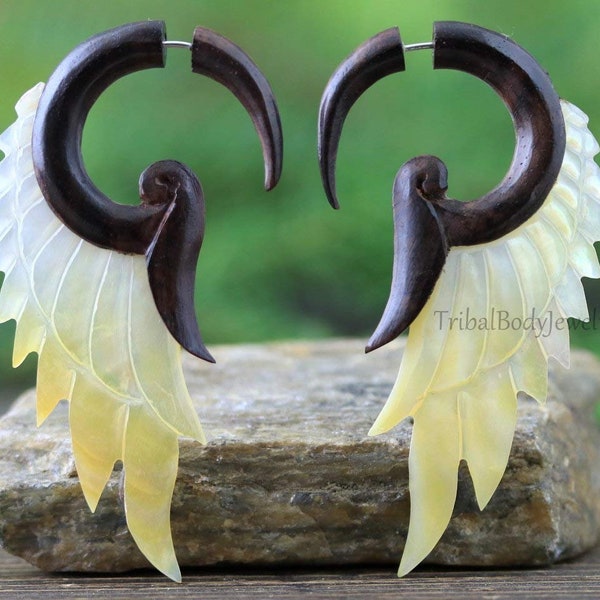 Angel Wings Fake Gauge Mother of Pearl and Sono Wood Earrings