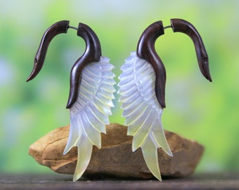 Swan Mother of Pearl Faux Gauge Earrings