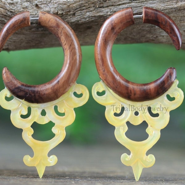 Organic Hand Carved Faaux Gauge Mother of Pearl and Sono Wood Earrings