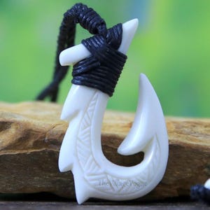 Carved Bone Fish Hook Pendant, Hawaiian Style Organic Men Cord Necklace