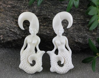 8G Stretcher Earrings Real Gauge Bone Organic Hand Carved Mermaid Pair 3.2mm
