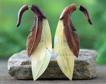 Beautiful Golden MOP Feathers Fake Gauge Mother of Pearl and Sono Wood Earrings for Regular Pierced Ear