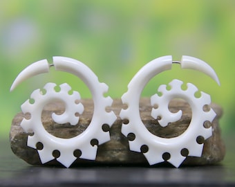 Balinese Designs Cheater Fake Gauges Bone Earrings Matching Pair
