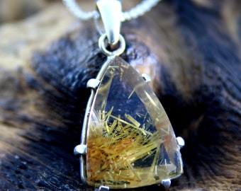 Gold Rutilated Quartz Pendant Clear Gemstone Healing Crystals 925 Sterling Silver, Chain not Included