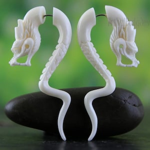 Hand Carved Buffalo Bone Chinese Dragon Fake Gauge Earrings, Stretched Ear Illusion Jewelry